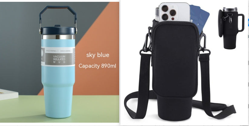 Portable Car Cup Stainless Steel Cup Travel Sports Water Bottle With Handle Cover Coffee Tumbler Cup